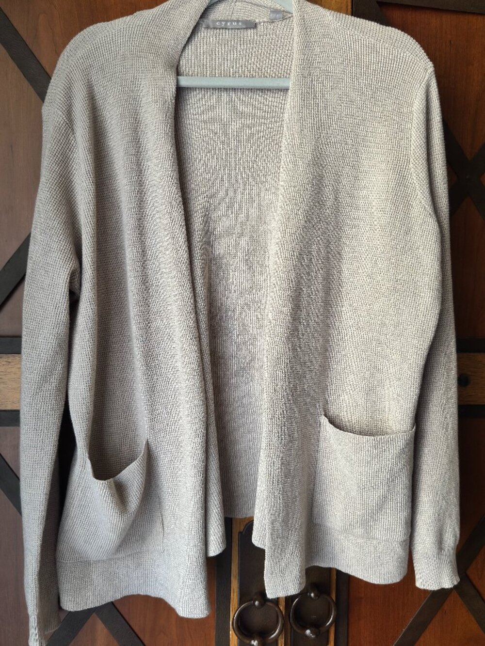 Cyrus Taupe Waffle Knit Open Front Shawl Collar Cardigan Pockets Sz L